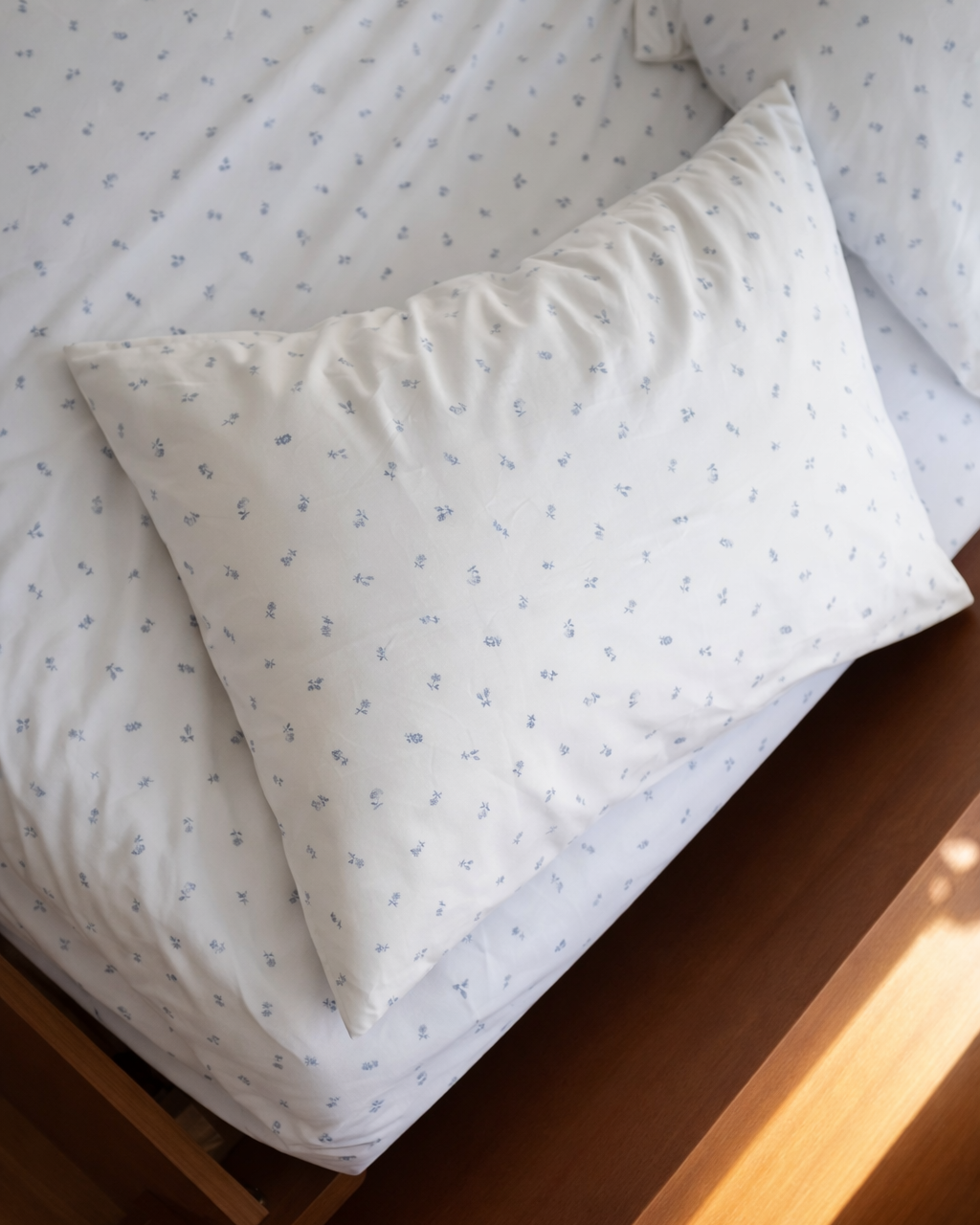White with subtle blue floral pattern sheets on a bed with wooden headboard